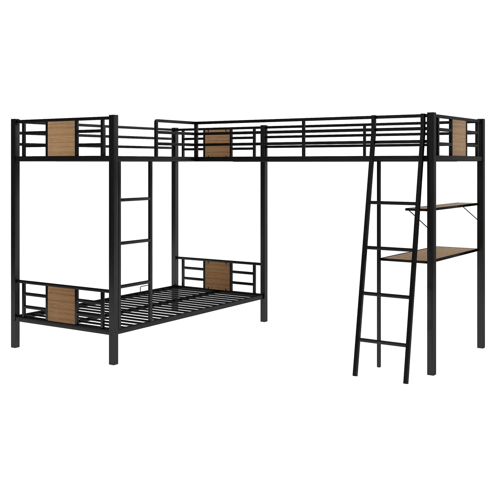 L-shaped twin over twin bunk bed with loft, desk and shelf in black metal and brown wood accents on Tampa Home & Garden Store