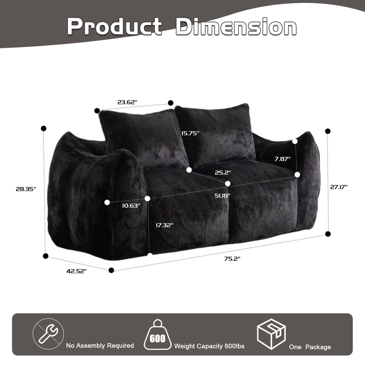 Ultra Soft Faux Fur Bean Bag Loveseat with Shredded Sponge Filling by HouseOfZazla in black on Tampa Home & Garden Store