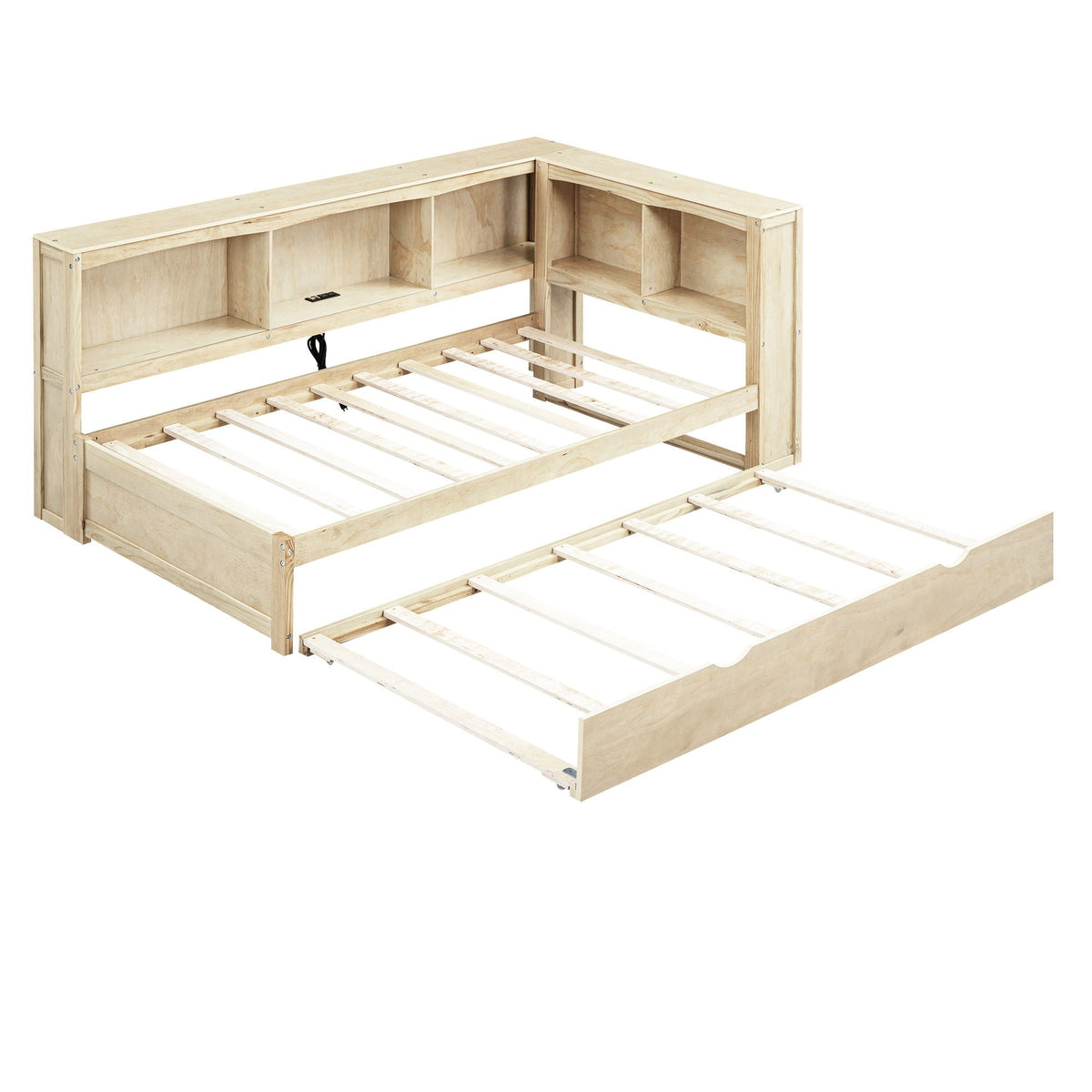 Daybed with trundle and storage cabinets in natural wood finish, USB ports, HouseOfZazla on Tampa Home & Garden Store