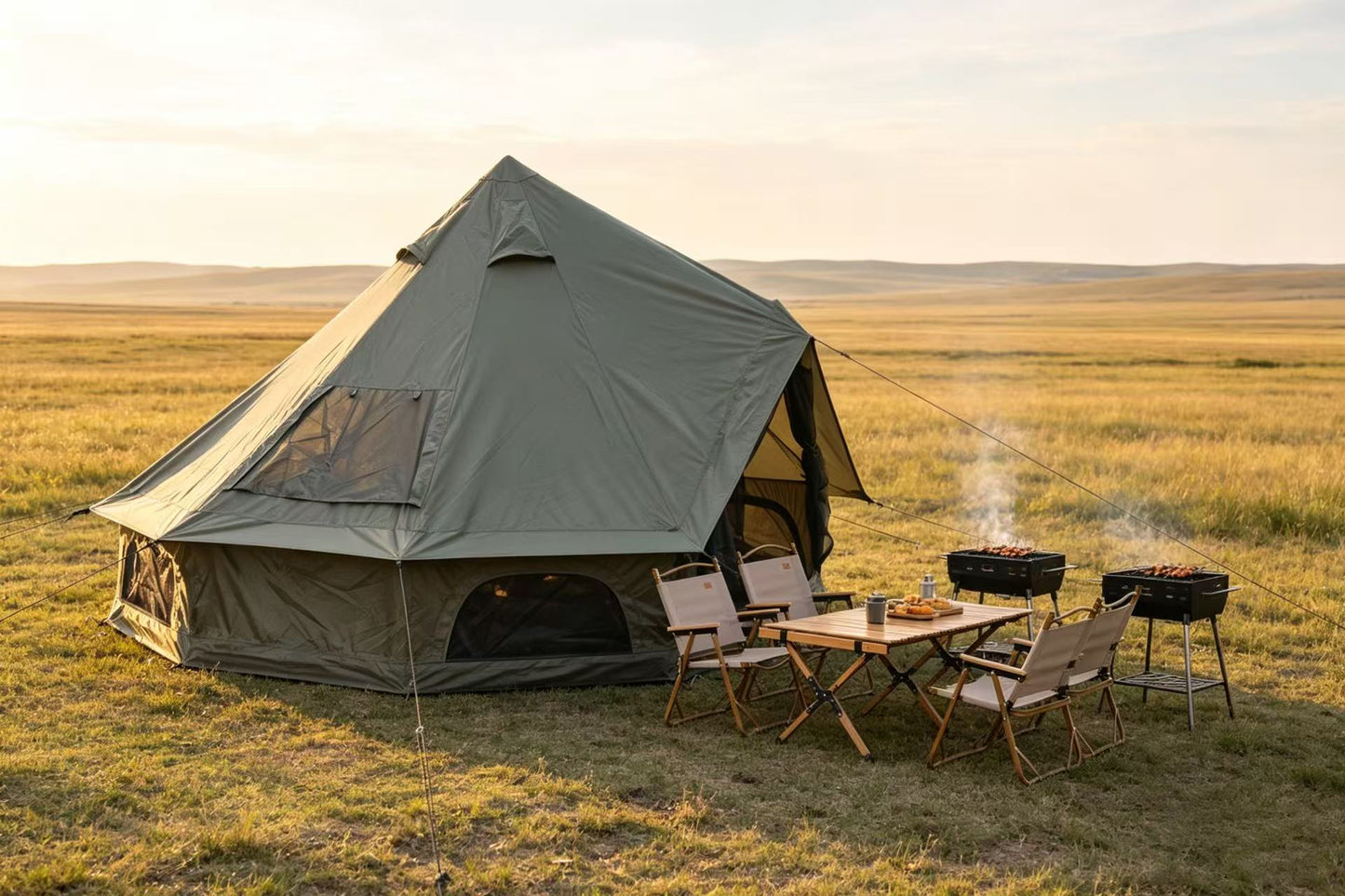 Oxford Bell Tent by HouseOfZazla, family camping tent in khaki canvas with front entry on Tampa Home & Garden Store
