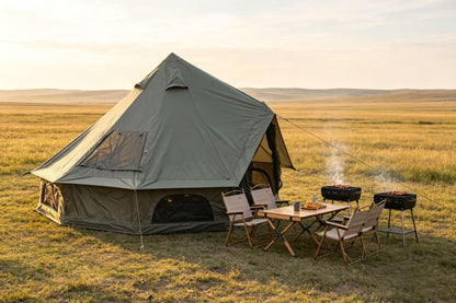 Oxford Bell Tent by HouseOfZazla, family camping tent in khaki canvas with front entry on Tampa Home & Garden Store