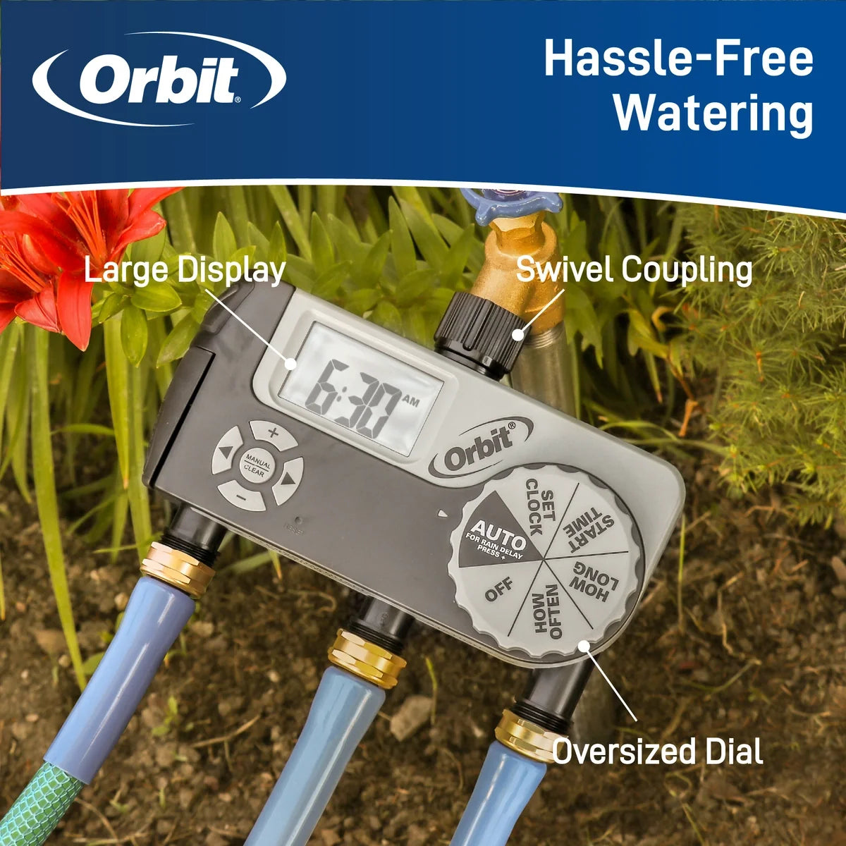 Orbit Irrigation 3-outlet hose end timer with large display and swivel coupling on Tampa Home & Garden Store
