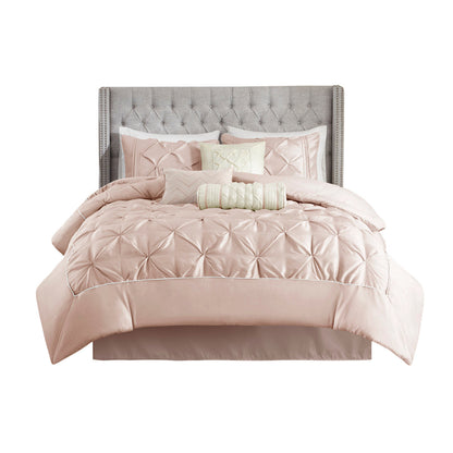 7 Piece Blush Tufted Queen Comforter and Sheets