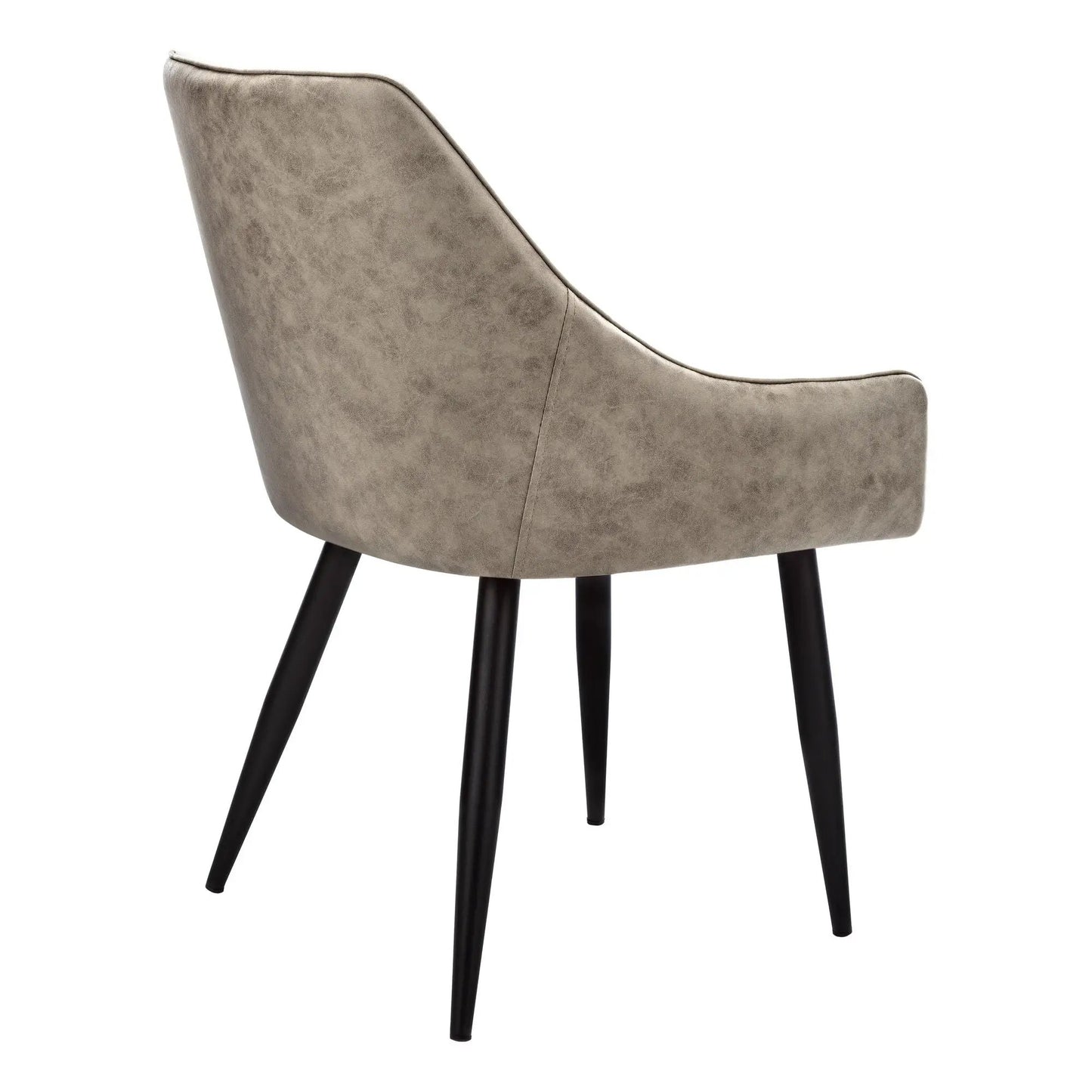 Upholstered side dining chair in grey with curved back and black tapered legs on Tampa Home & Garden Store