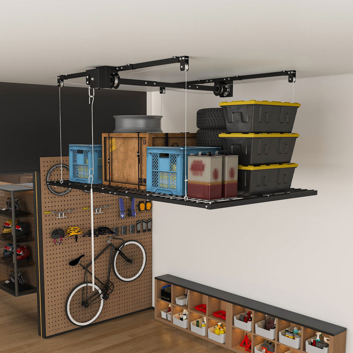 Overhead garage storage rack with crank system, black finish, HouseOfZazla wall organizer on Tampa Home & Garden Store