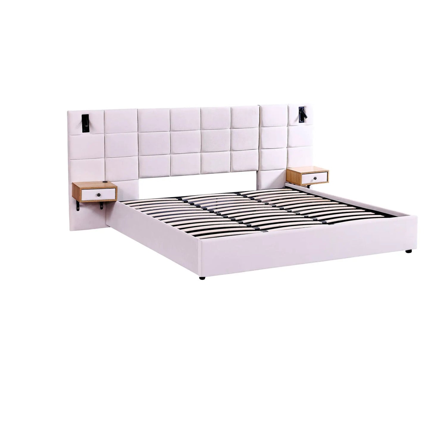 Upholstered platform bed with white tufted headboard, storage drawers and reading lamps on Tampa Home & Garden Store
