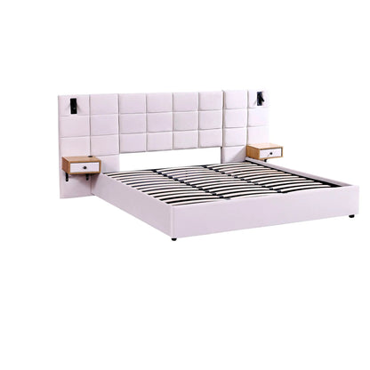 Upholstered platform bed with white tufted headboard, storage drawers and reading lamps on Tampa Home & Garden Store