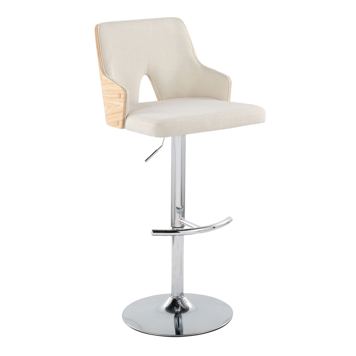Stella adjustable barstool beige fabric, wood frame, chrome pedestal, swivel, rounded T footrest on Tampa Home & Garden Store