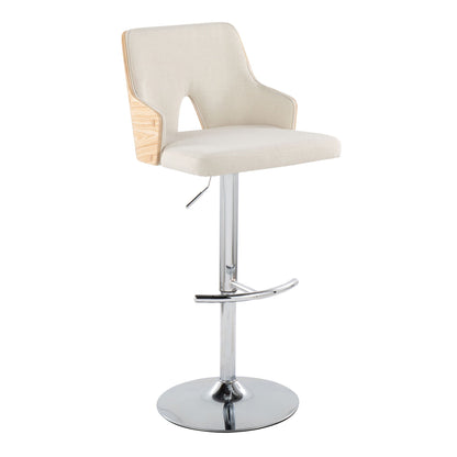 Stella adjustable barstool beige fabric, wood frame, chrome pedestal, swivel, rounded T footrest on Tampa Home & Garden Store