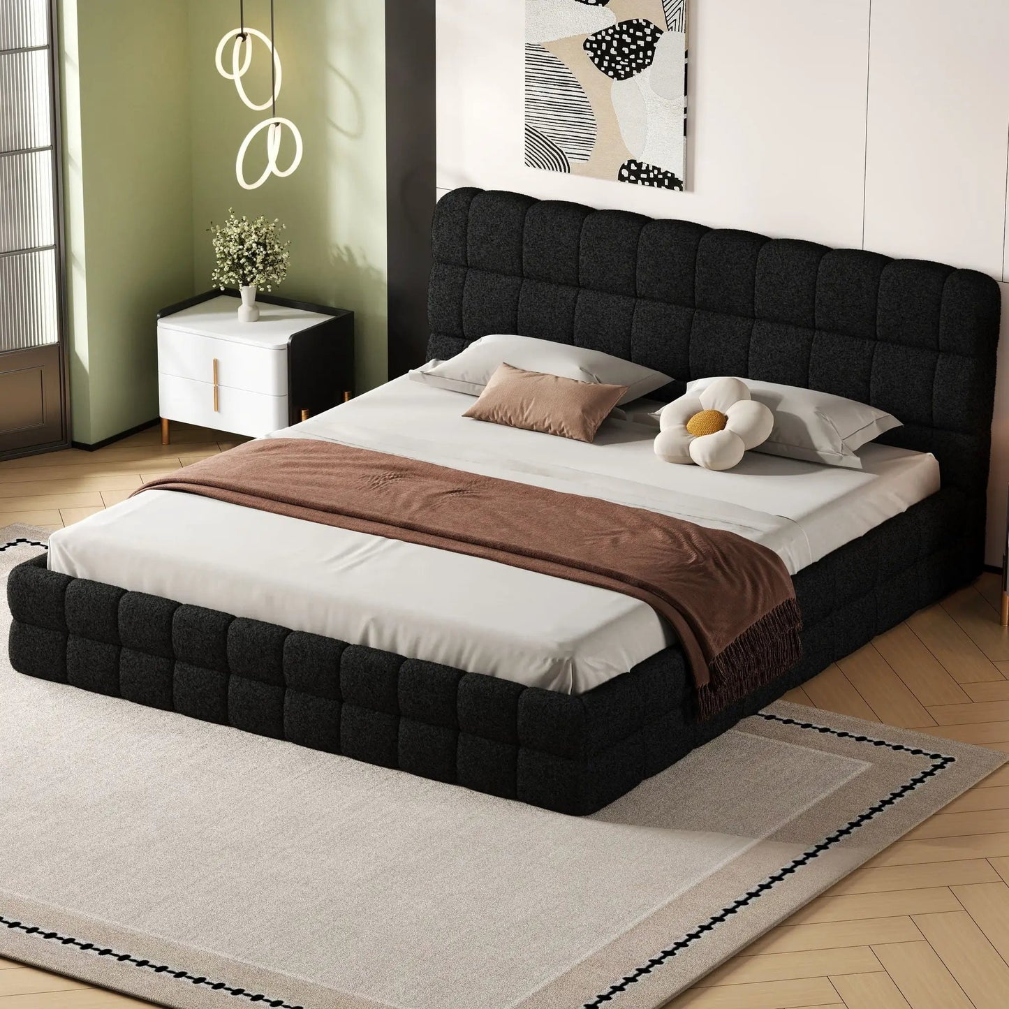 Upholstered platform bed with headboard in dark charcoal fabric by Unique Piece Furniture on Tampa Home & Garden Store