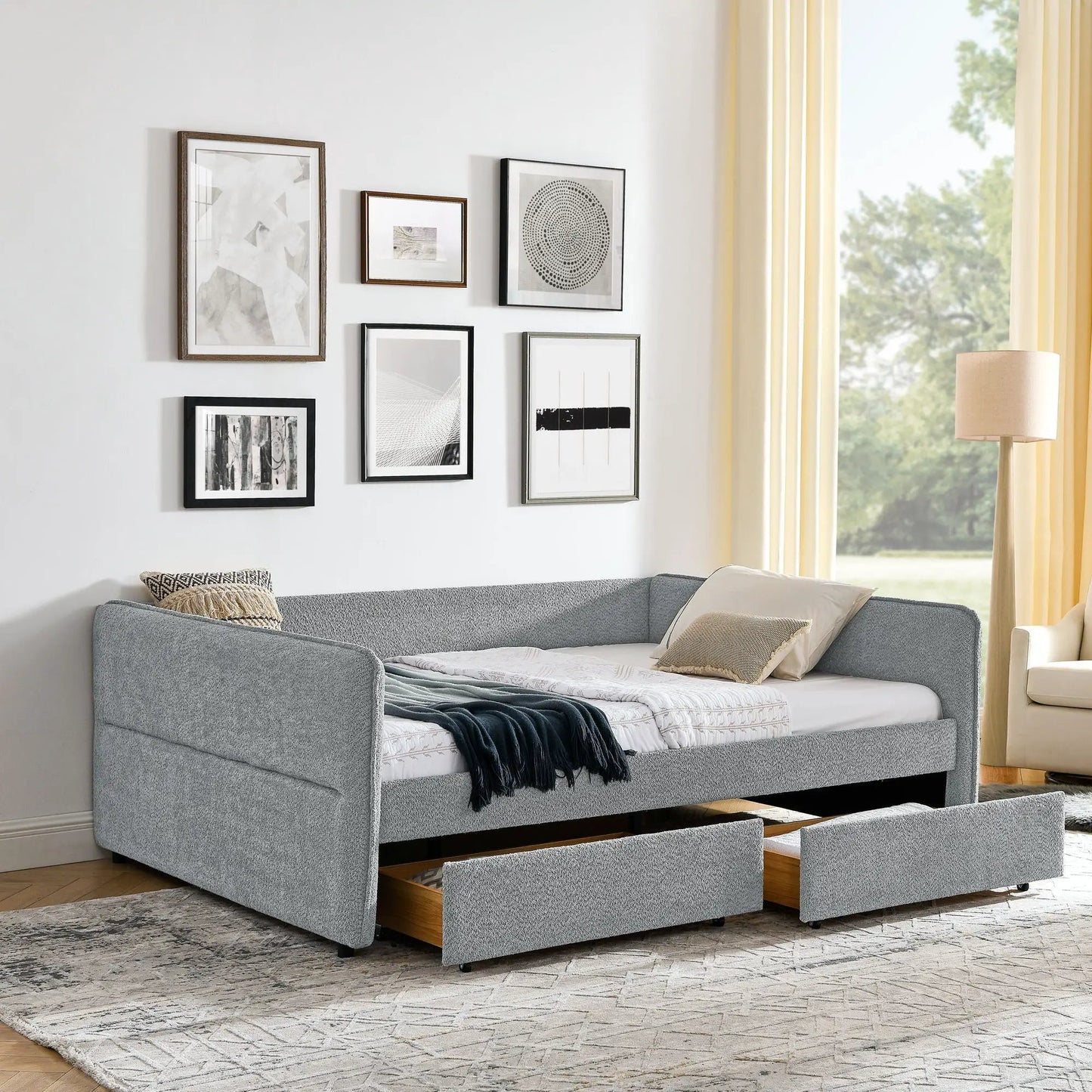 Upholstered grey daybed with two under-bed drawers, storage bed by Unique Piece Furniture on Tampa Home & Garden Store