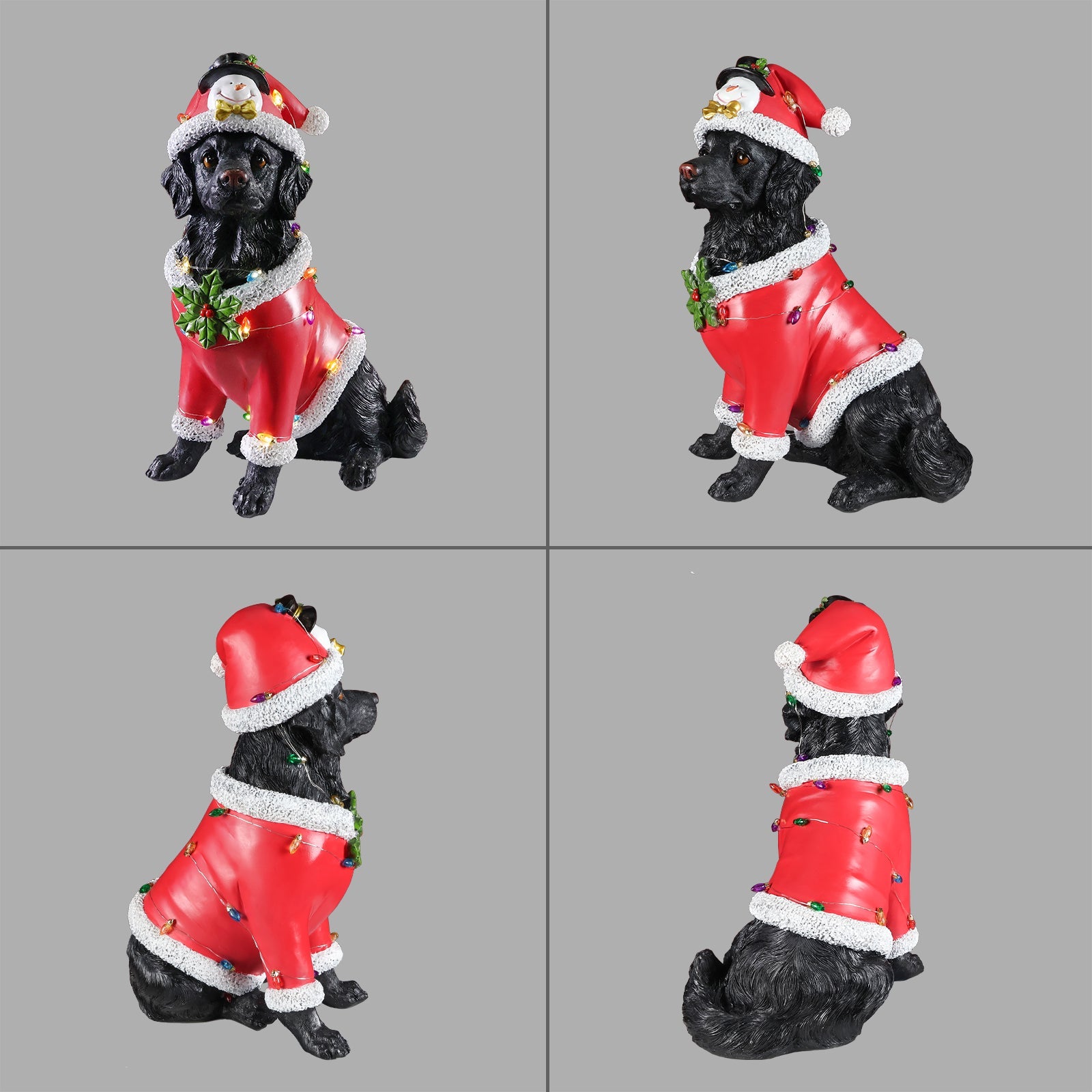 Christmas Dog Statue HouseOfZazla black lab in red Santa suit with white trim and lights on Tampa Home & Garden Store