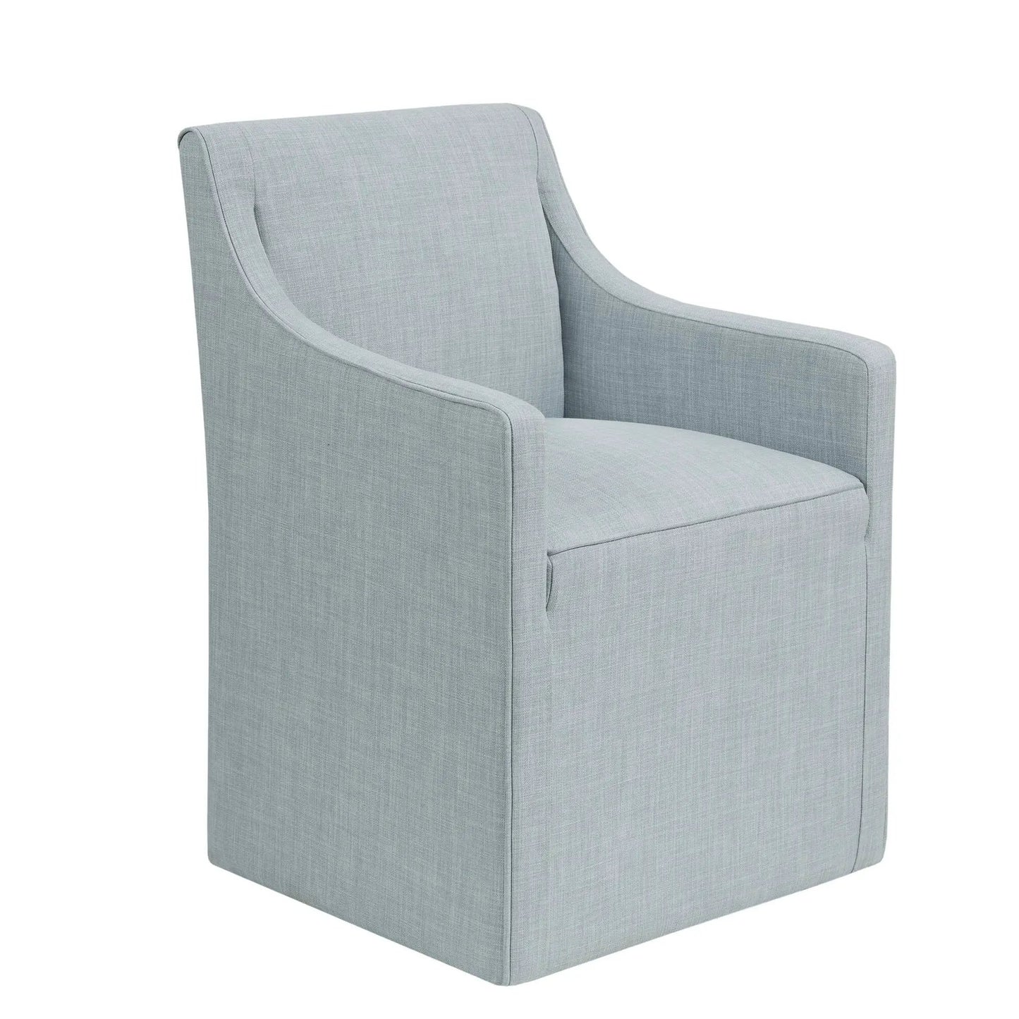 Traditional skirted dining arm chair in light blue-gray fabric with upholstered arms on Tampa Home & Garden Store