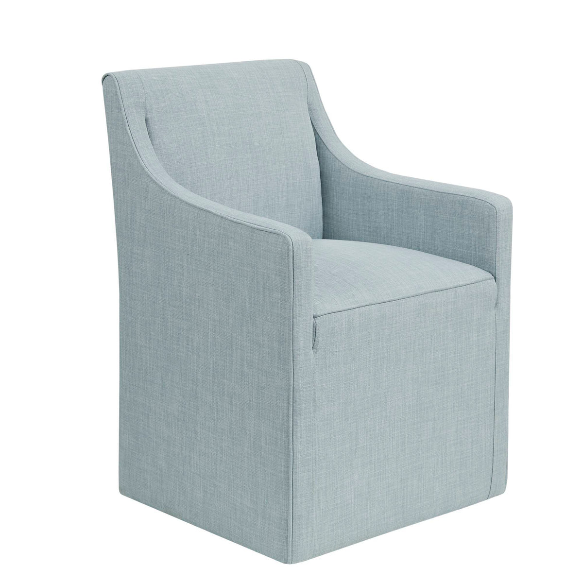 Traditional skirted dining arm chair with hidden casters in light blue gray fabric on Tampa Home & Garden Store