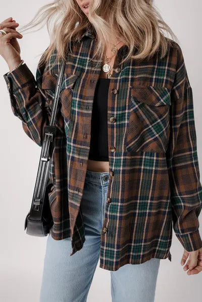 Timeless Women's Plaid Button-Up Jacket by Stevvex in brown-green cotton-blend plaid, oversized on Tampa Home & Garden Store