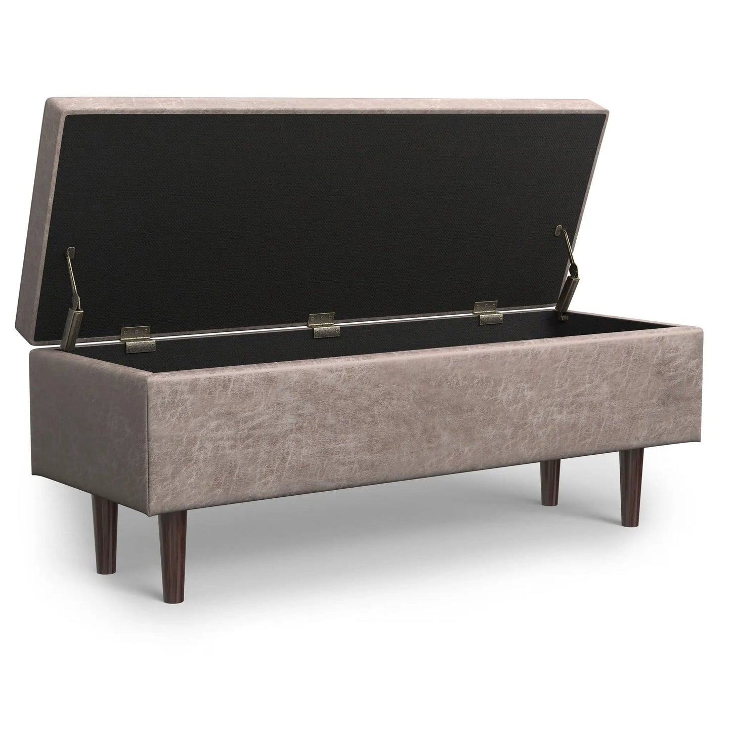 Shay square storage ottoman in taupe fabric with dark mid-century legs lid open on Tampa Home & Garden Store