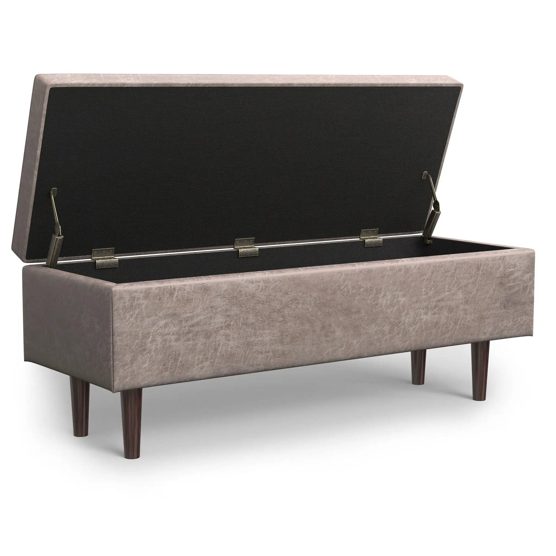 Shay square storage ottoman in taupe fabric with dark mid-century legs lid open on Tampa Home & Garden Store