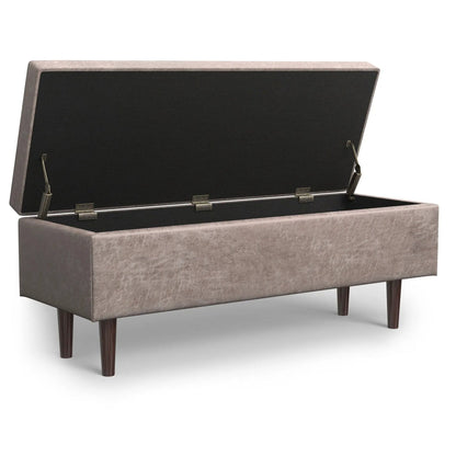 Shay square storage ottoman in taupe fabric with dark mid-century legs lid open on Tampa Home & Garden Store