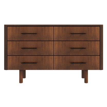 Brown walnut-finish solid wood dresser with 6 slatted-front drawers and black bar pulls on Tampa Home & Garden Store