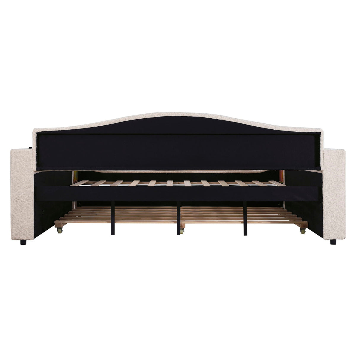 Upholstered daybed with storage armrests and trundle, beige frame, black padded headboard on Tampa Home & Garden Store