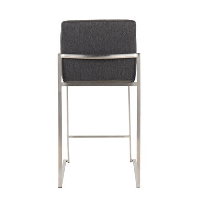 Contemporary high-back counter stool in dark gray fabric with brushed stainless steel frame on Tampa Home & Garden Store