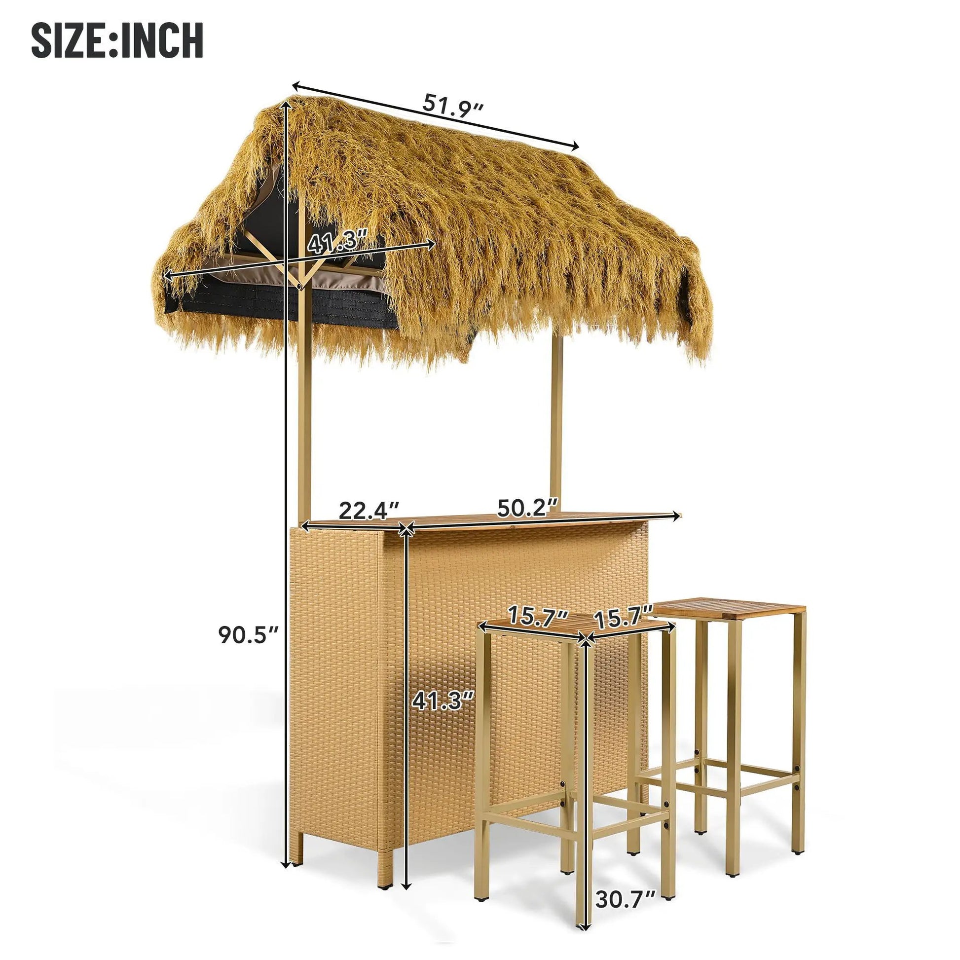 3 Piece Bar Height Set with PE grass canopy, acacia top, natural finish Unique Piece Furniture on Tampa Home & Garden Store