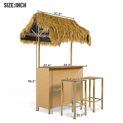 3 Piece Bar Height Set with PE grass canopy, acacia top, natural finish Unique Piece Furniture on Tampa Home & Garden Store