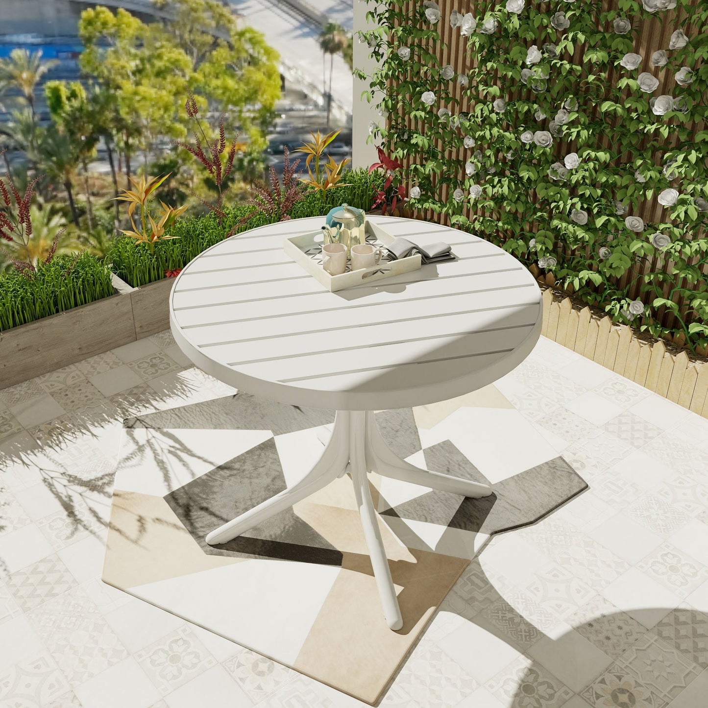 Modern white round outdoor dining table by HouseOfZazla with waterproof UV resistant durability on Tampa Home & Garden Store