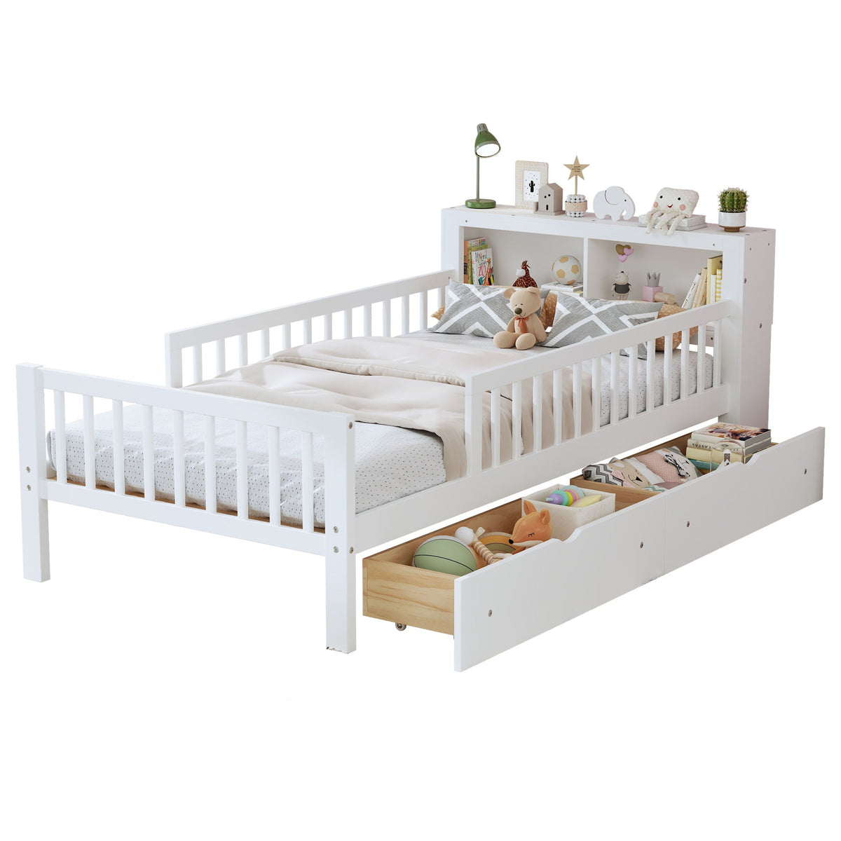 Bed with headboard storage rack by HouseOfZazla, white, 2 under-bed drawers, 3 guardrails on Tampa Home & Garden Store