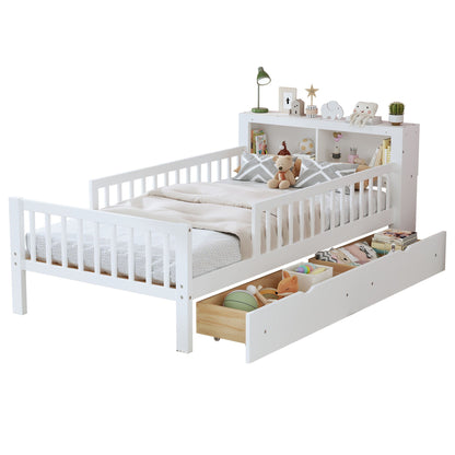 Bed with headboard storage rack by HouseOfZazla, white, 2 under-bed drawers, 3 guardrails on Tampa Home & Garden Store