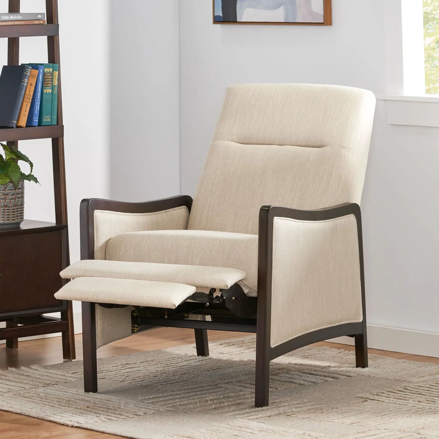 Drury fabric upholstered pushback recliner beige with dark wood frame by Unique Piece Furniture on Tampa Home & Garden Store