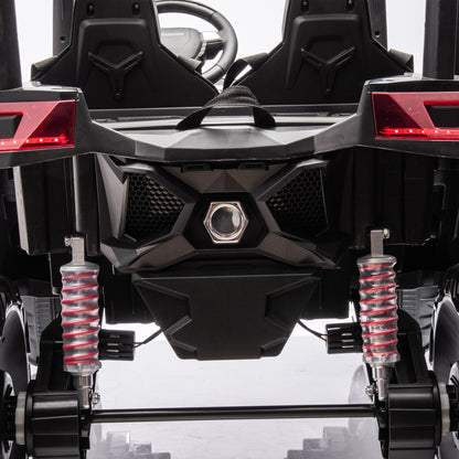 Side-by-side 4x4 ride-on off-road truck with dual seats, black body and red shocks on Tampa Home & Garden Store