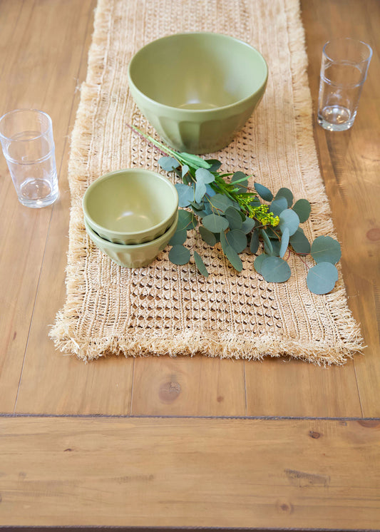 Lazio Crochet Raffia Table Runner by Payton James with sage-green bowls and eucalyptus on Tampa Home & Garden Store