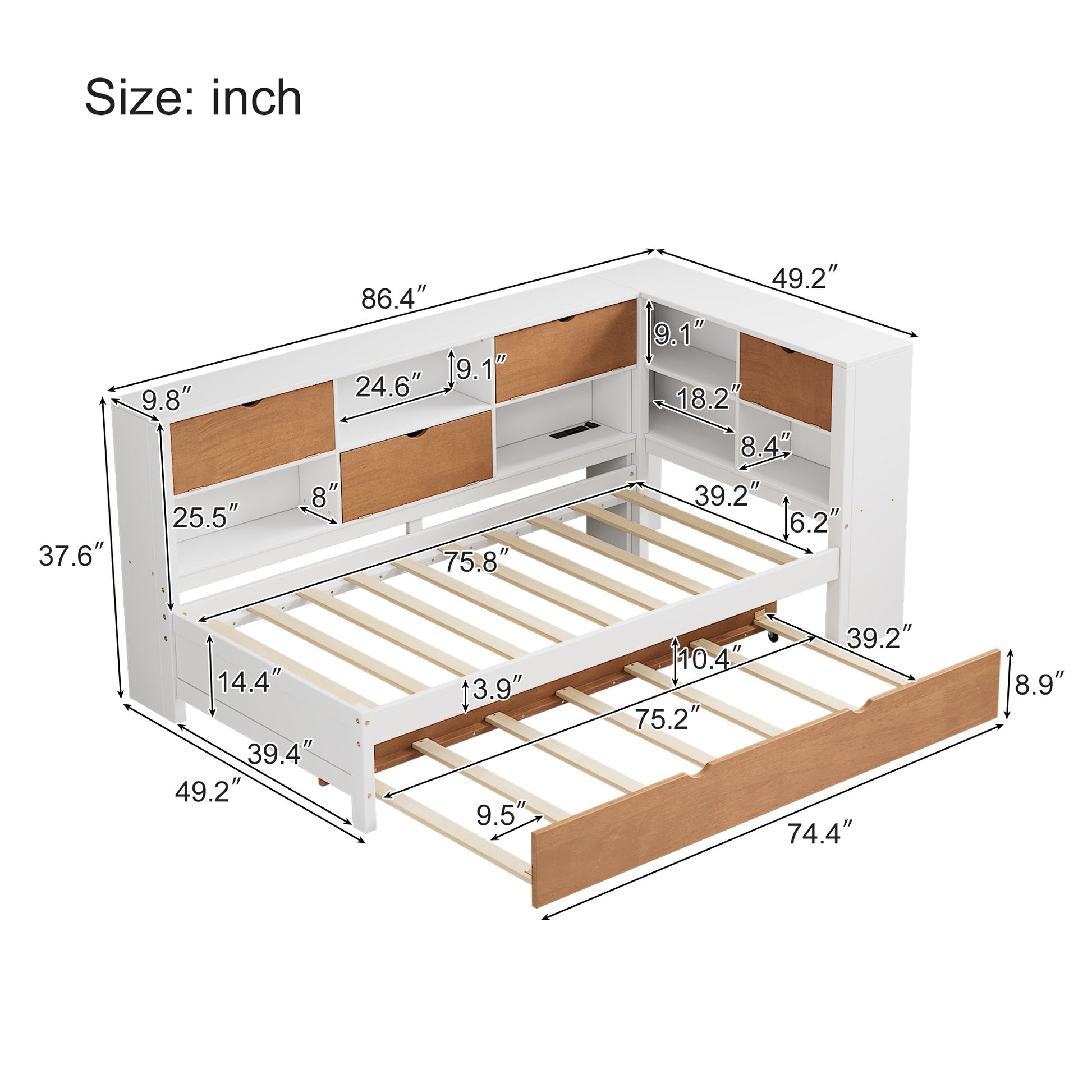 L-shaped bed frame with luggage and bookshelf, corner bed wooden captain's bed LED tube light and USB port walnut and white - Tampa Home & Garden Store