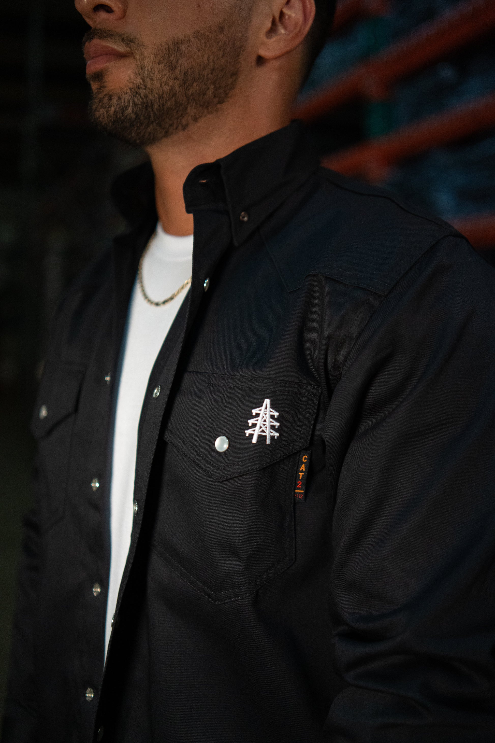FR Western Style Pearl Snap Black work shirt by Static FR with pearl snaps and pocket logo on Tampa Home & Garden Store