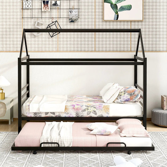 Twin metal house-shape platform bed with trundle in black finish on Tampa Home & Garden Store