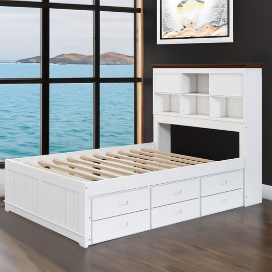 Solid Pine Captain Bookcase Bed with Trundle Bed and 3 Spacious Under Bed Drawers in Casual,Full, White+Walnut - Tampa Home & Garden Store