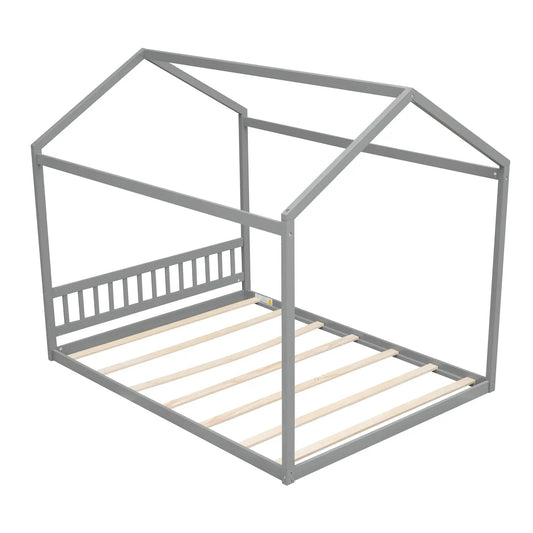 Gray queen size wooden house bed frame with headboard, roof frame, and slatted base on Tampa Home & Garden Store
