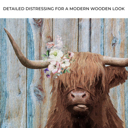 Highland cow rustic painting canvas by Tailored Canvases with floral bouquet on wood on Tampa Home & Garden Store