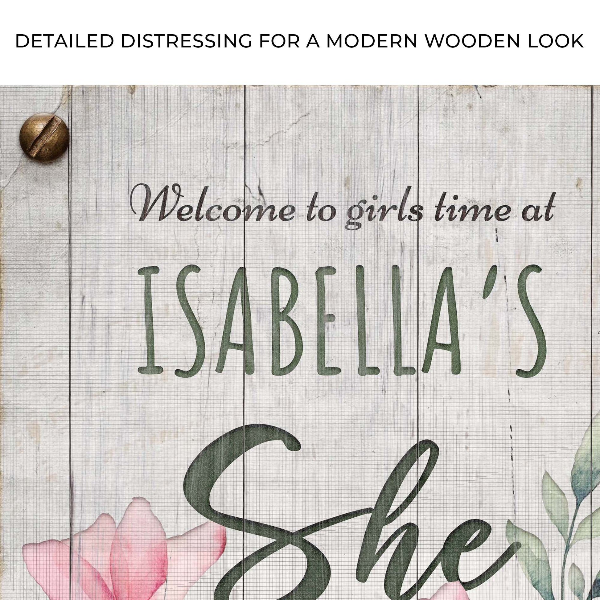 She Shed Sign IV canvas by Tailored Canvases with wood backdrop, green script and pink blooms on Tampa Home & Garden Store