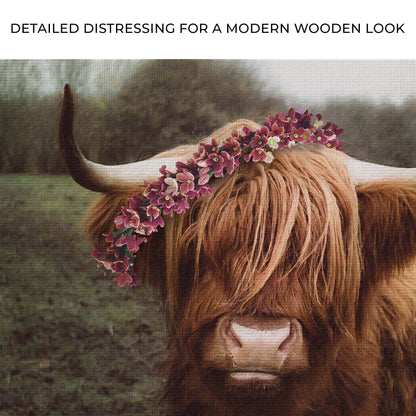 Retro Floral Crown Highland Cow Canvas Wall Art with pink flower crown and hair Tailored Canvases on Tampa Home & Garden Store