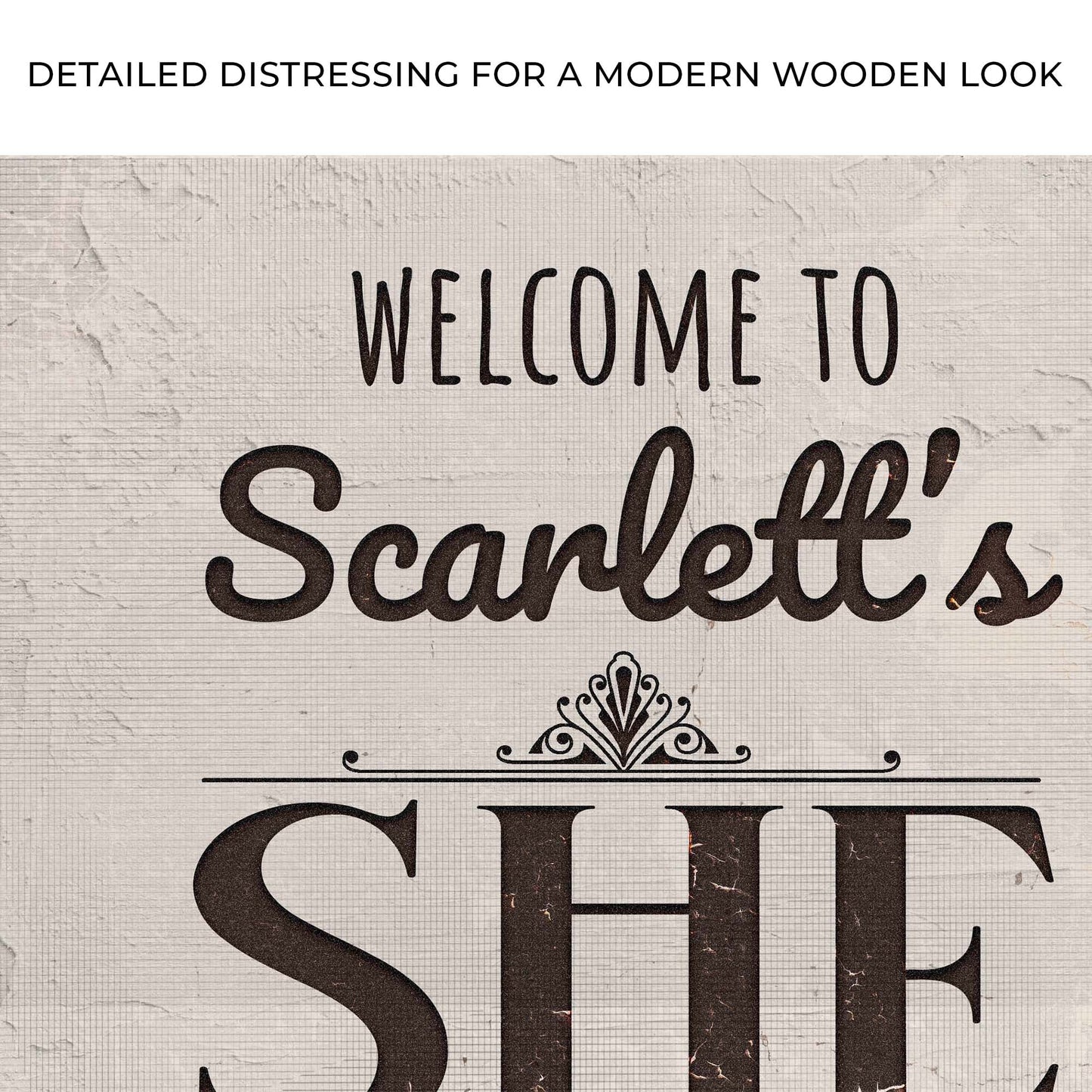 She Shed Sign canvas by Tailored Canvases with distressed wood background and black script lettering on Tampa Home & Garden Store