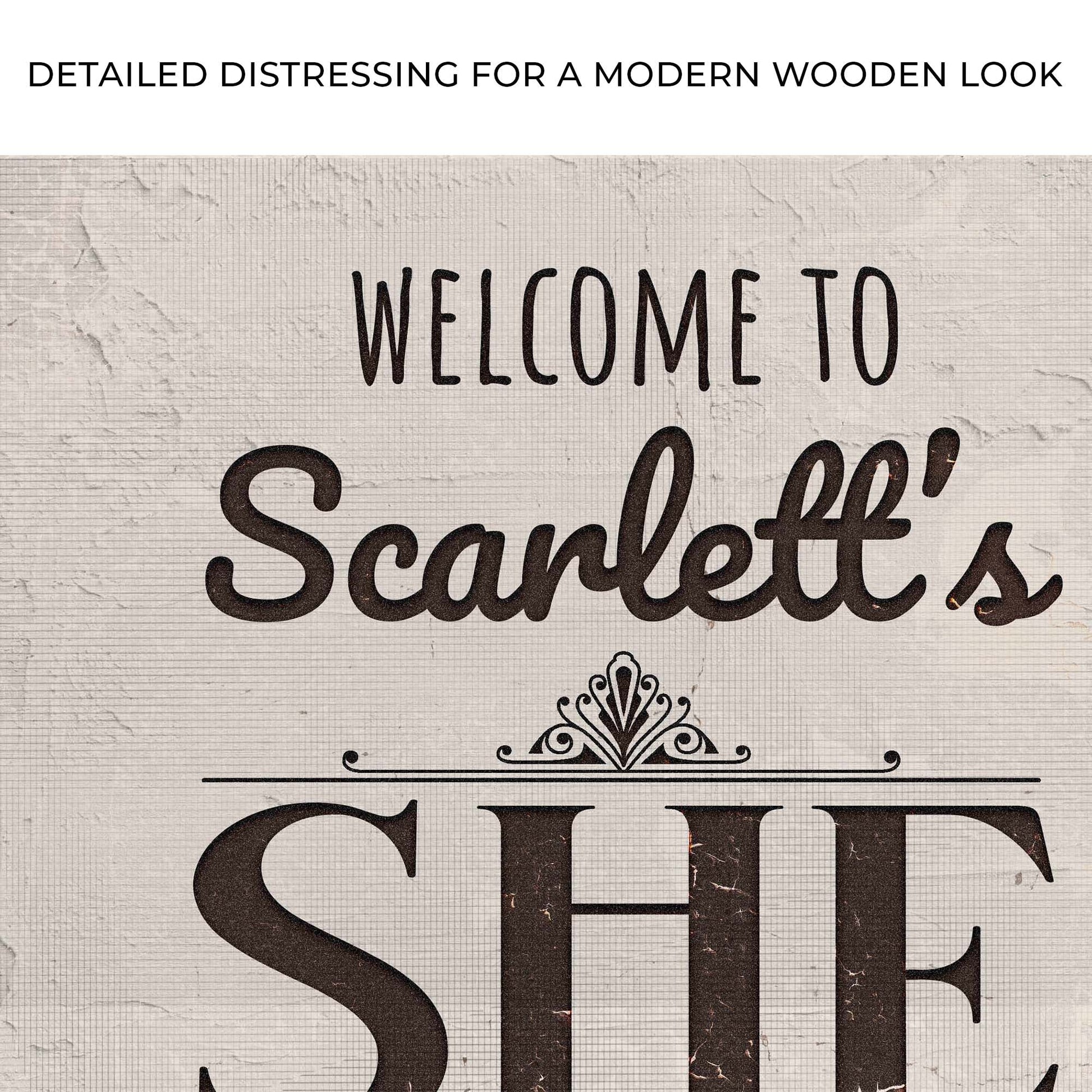 She Shed Sign canvas by Tailored Canvases with distressed wood background and black script lettering on Tampa Home & Garden Store