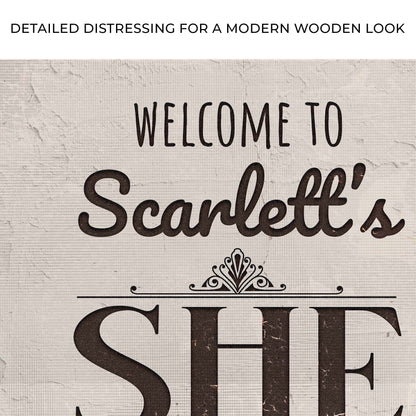 She Shed Sign canvas by Tailored Canvases with distressed wood background and black script lettering on Tampa Home & Garden Store