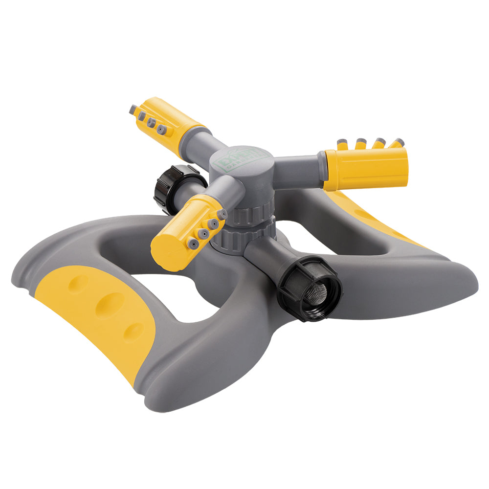 Plastic 3-arm spinning sprinkler Orbit Irrigation yellow nozzles on gray heavy-duty base on Tampa Home & Garden Store
