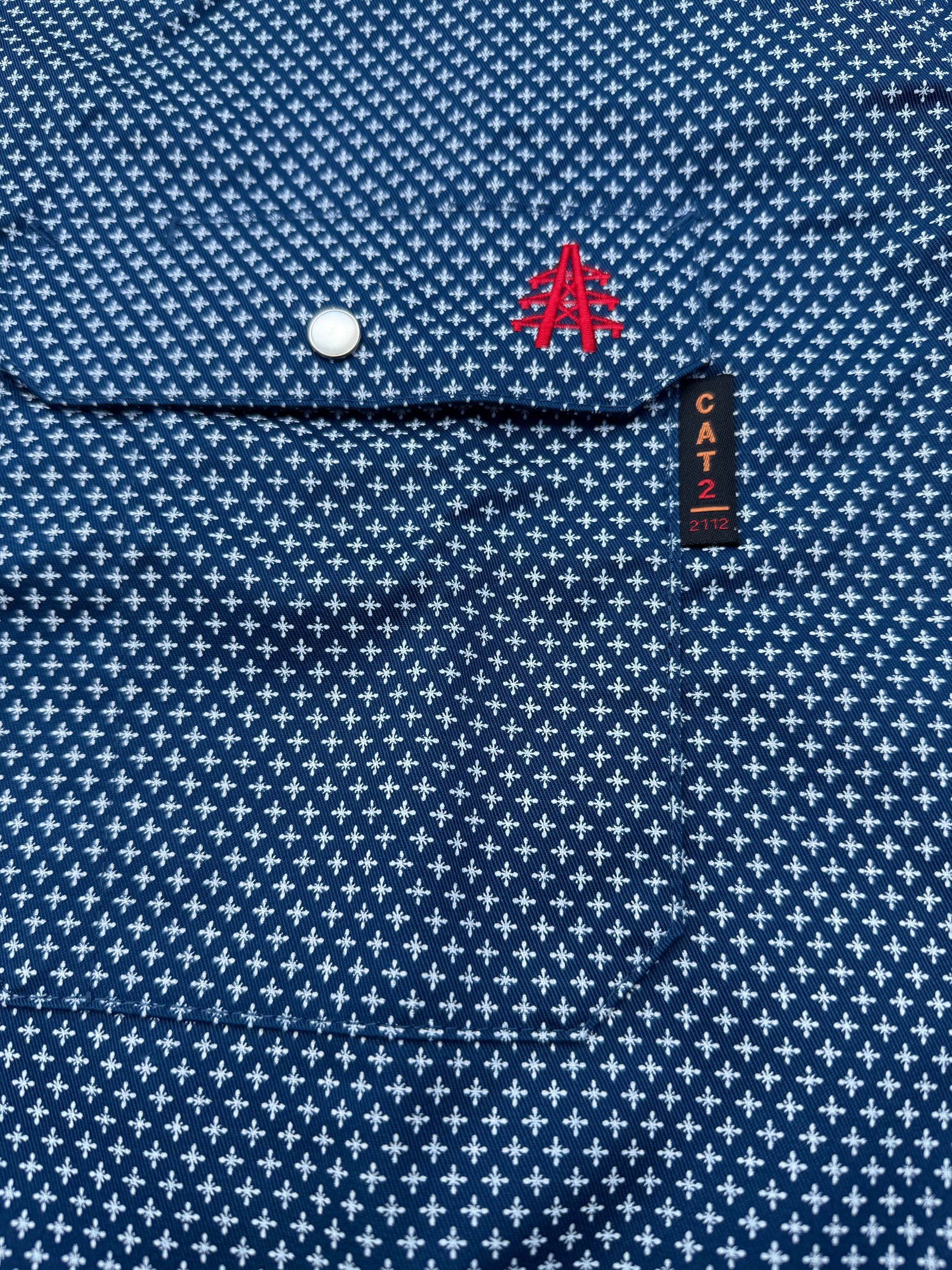 FR Pearl Snap Work Shirt Honor Navy by Static FR with tiny white floral print and red logo on Tampa Home & Garden Store