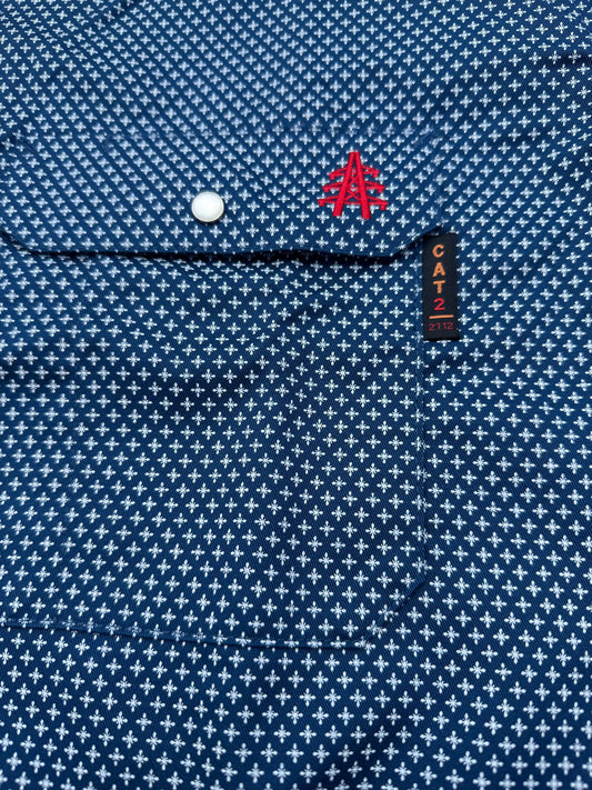 FR Pearl Snap Work Shirt Honor Navy by Static FR with tiny white floral print and red logo on Tampa Home & Garden Store