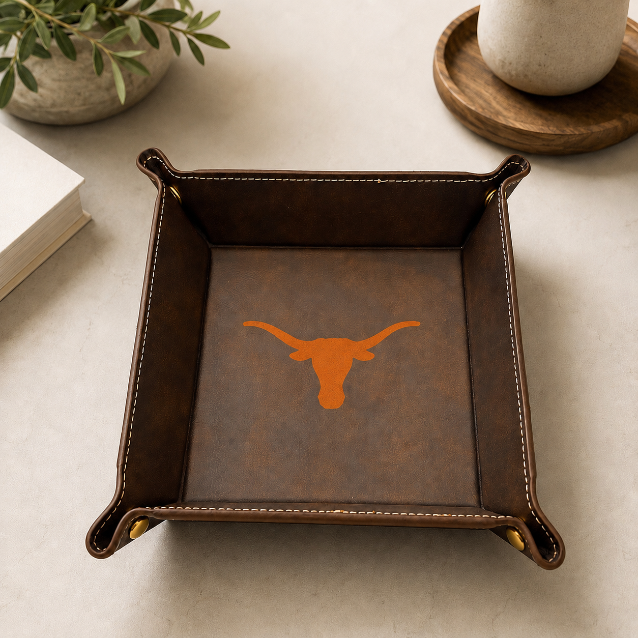 Texas Longhorn Leather Catchall Tray by Ryan's Woodworking, brown leather with stitching on Tampa Home & Garden Store