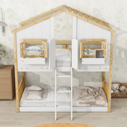 Twin Over Twin House Bunk Bed With Roof Window featuring natural wood frame and white panels on Tampa Home & Garden Store