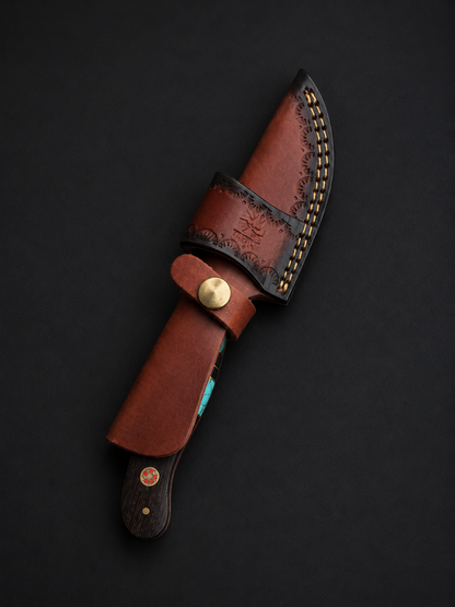 Titan Shadowstone Damascus Hunter TK-520 knife in brown leather sheath on Tampa Home & Garden Store